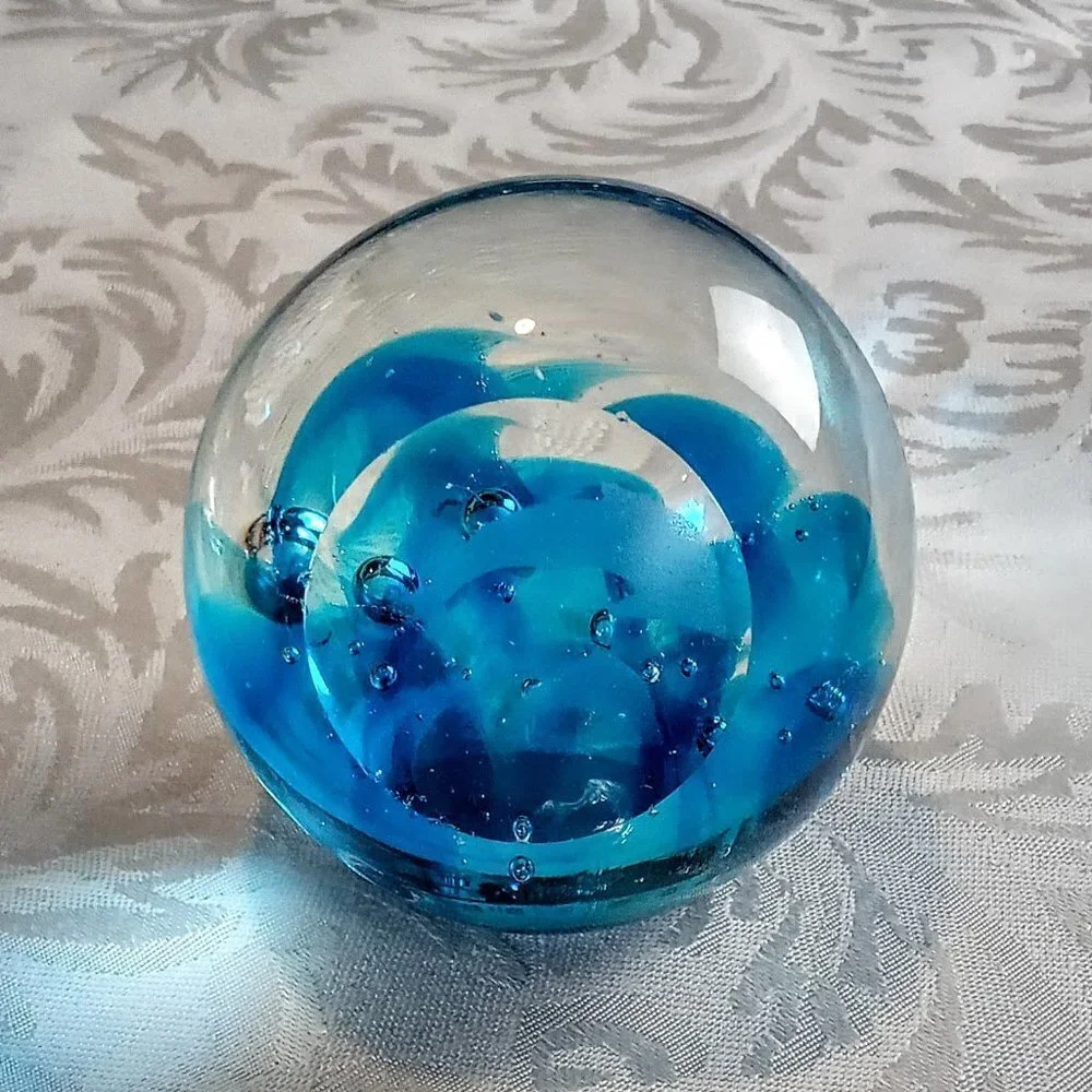 Dolphin Etched Blue Art Glass Bubble Paperweight
